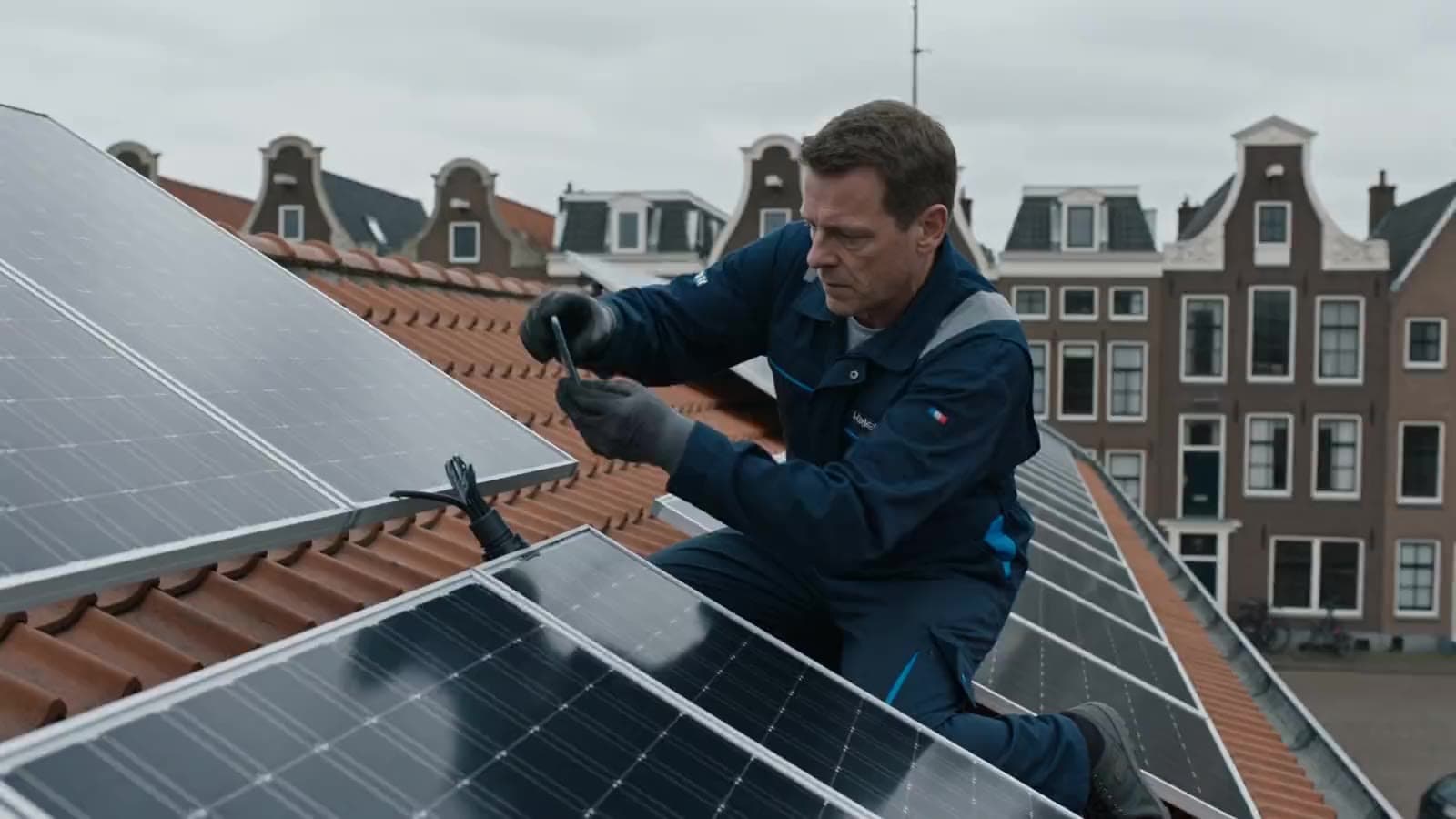 Elektricien fotografeert een zonnepaneleninstallatie op een Nederlands dak