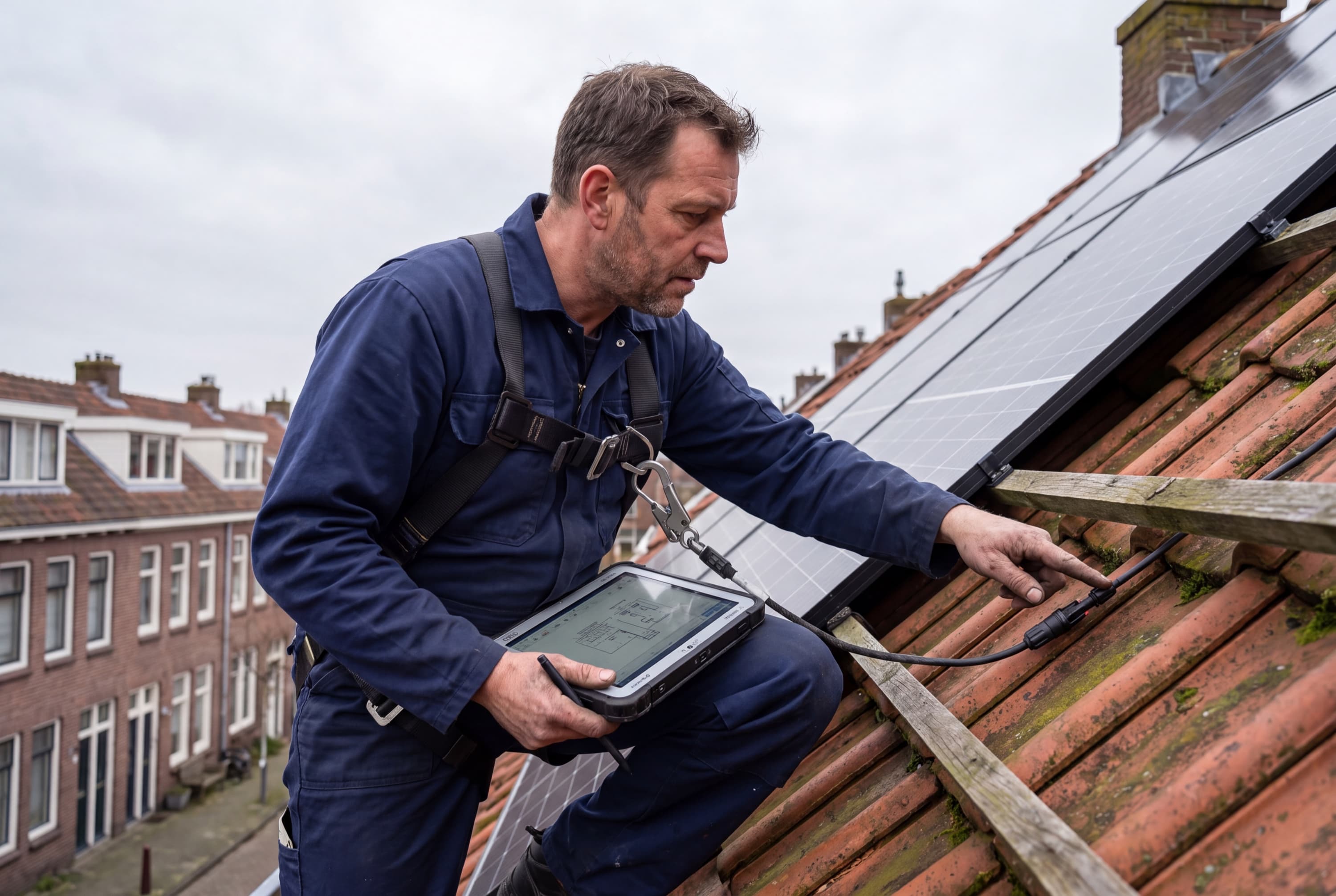 Elektricien controleert een zonnepaneleninstallatie op een dak in de omgeving van Made