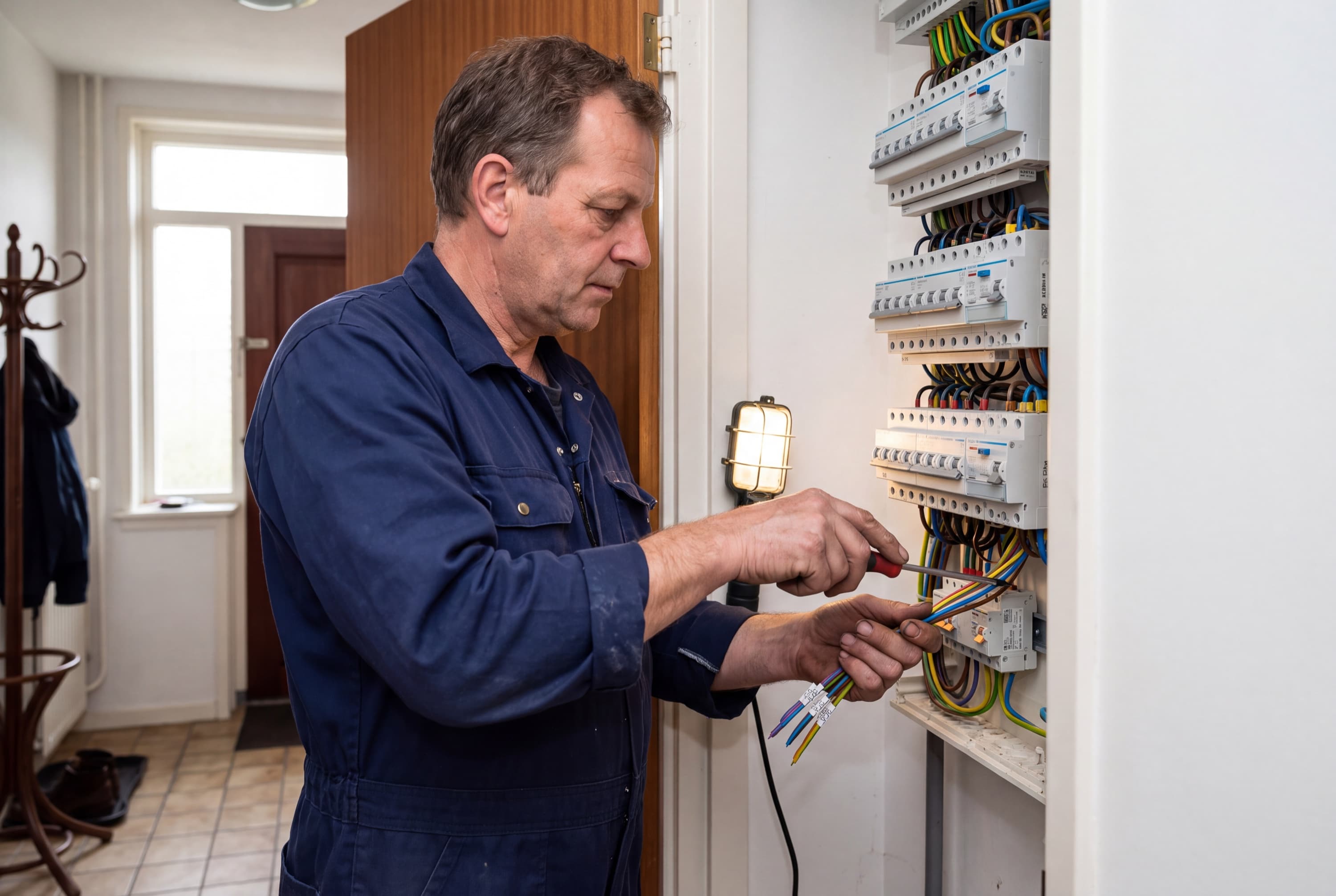 Elektricien werkt aan een groepenkast in een Nederlandse meterkast