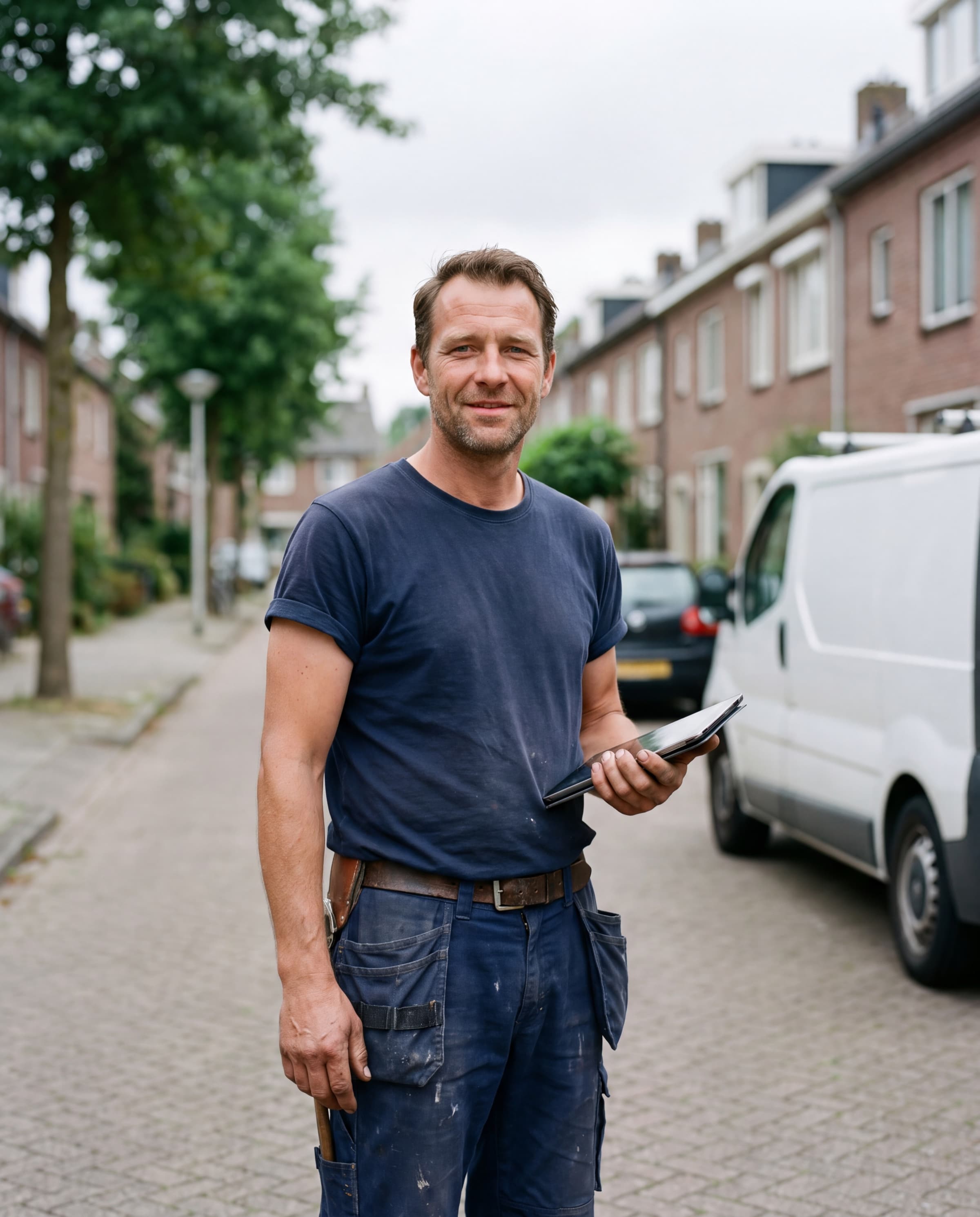 De elektricien van Zonnewachters voor zijn bus in een Nederlandse woonstraat